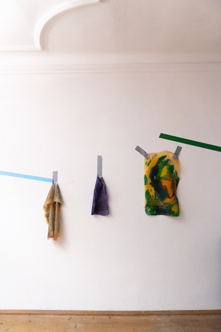 Detail of the installation: Reality, 2024, Atelierhaus Salzamt, Linz
From left to right: Series „Walk“ (I-III), 3, 2024, phototransfer on Latex, 54 x 40 cm, (Editions a. serie: 53 x 43 cm (2), 20 x 30 cm (1)) - Series „Phantasma“ (I-III) 2, 2024, relief and purple colored latex, 38 cm x 23,7 cm, (editions a. series: 43 x 27 cm (lila3), 40 x 24 (plain1)) - „dreamer“, 2024, reliefed, colored latex and textil fragments, 62 x 34,5 cm